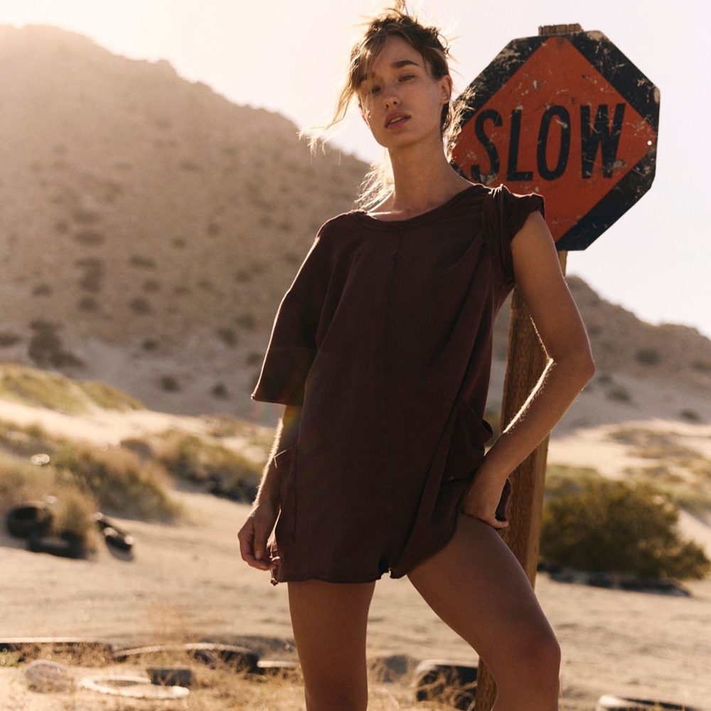 NWOT/IRR Free People FP Movement Hot Shot Tee Romper in Dark Espresso, Size S